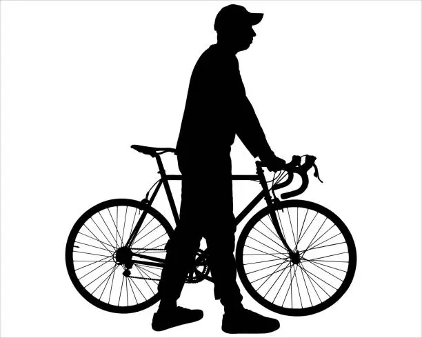 Vector illustration of The guy in the cap holds the steering wheel of a bicycle in his hands. A young man with a bicycle. Side view. Sport. Sportsman. Cycling tourism. Black male silhouette isolated on white background