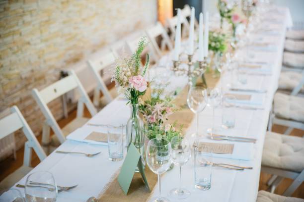 istock Closeup of wedding table with candles and special design 1465809541