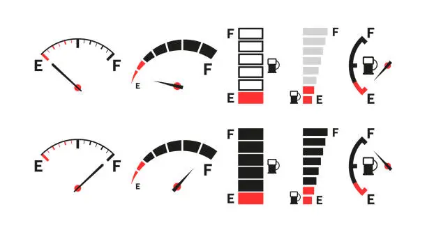 Vector illustration of Car fuel tank indicator with gas. Gauge of fuel. Dial of measurement, level, control power.