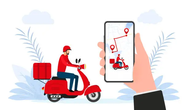 Vector illustration of Delivery app on a smartphone tracking a delivery man on a moped. Delivery and online shopping.