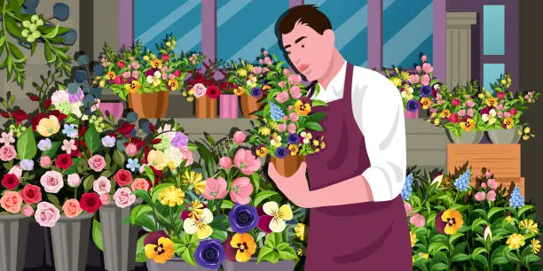 Vector illustration of Beautiful Young Male Shop owner Standing in front of flower shop with smile