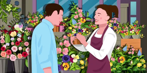 Vector illustration of Beautiful Young woman Florist selling flowers to customer