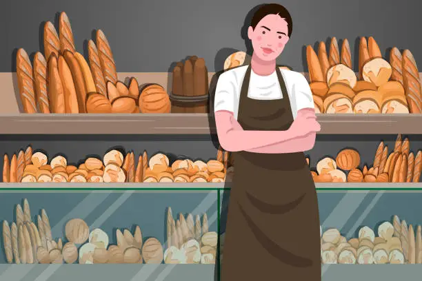 Vector illustration of Beautiful Young female baker standing in front of Bakery with smile