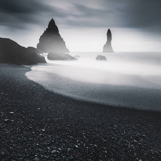 A black and white shot in Reynisfjara Beach, Vik, Iceland