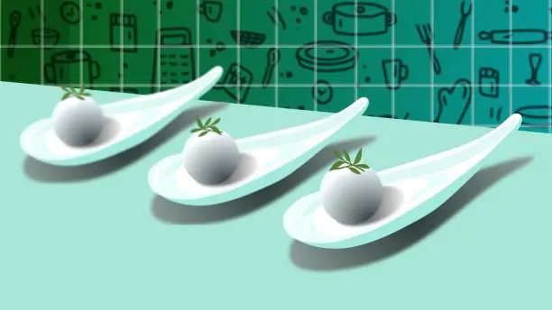 Vector illustration of Three spoons of white balls with sauce