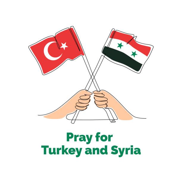 betet für die türkei und syrien. eine durchgehende linienzeichnung des plakatdesigns mit flaggen. - erdbeben türkei stock-grafiken, -clipart, -cartoons und -symbole