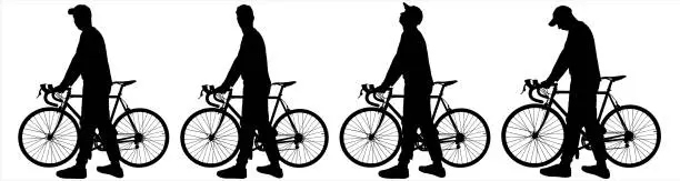 Vector illustration of The guy stands motionless and holds the handlebars of a bicycle in his hands. The man with the bike looks around and turns his head. Side view. Four black male silhouettes isolated on white background