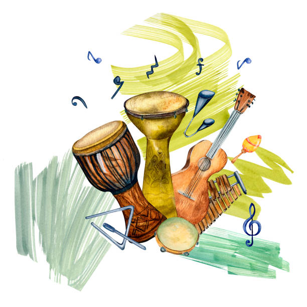 istock Brazilian percussion musical instruments and paint stroke watercolor illustration isolated 1465816824