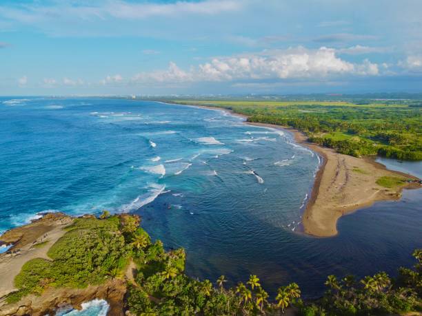 istock Landscape of the sea surrounded by greenery under a blue cloudy sky 1465821624
