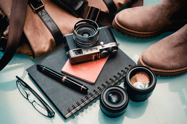 istock Closeup of photographer stuff on the table 1465823245
