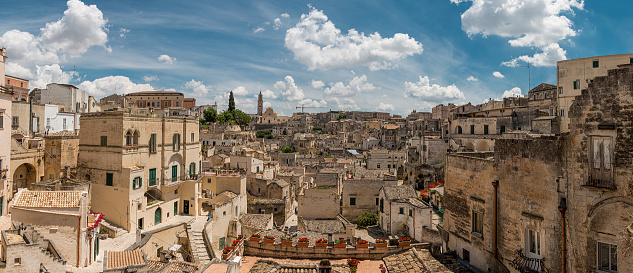 An aerial view of Matera city on a rocky outcrop in the region of Basilicata, in southern Italy
