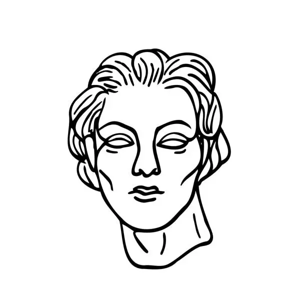 Vector illustration of portrait of a woman with hairstyle in ancient style - one line vector drawing. female head antique sculpture of woman vector doodle drawing