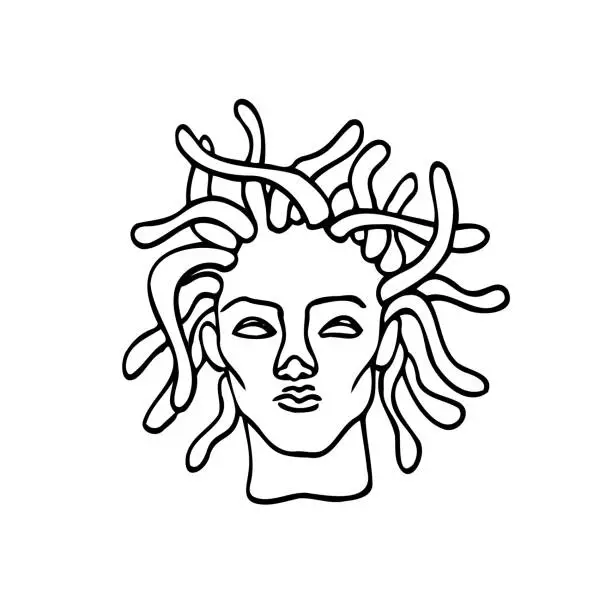 Vector illustration of Medusa Gorgon - vector doodle black ink portrait. Female bust with snakes on her head, mythical Greek creature - cursed femme fatale. Psychopath killing with a look