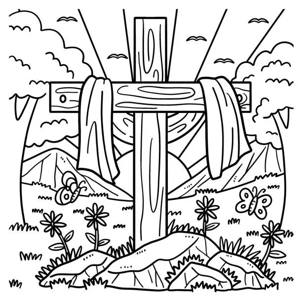 Vector illustration of Christian Cross Draped with Fabric Coloring Page