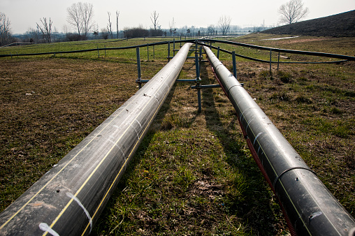 Gas production and distribution pipes. Gas pipeline and methane pipeline in view.