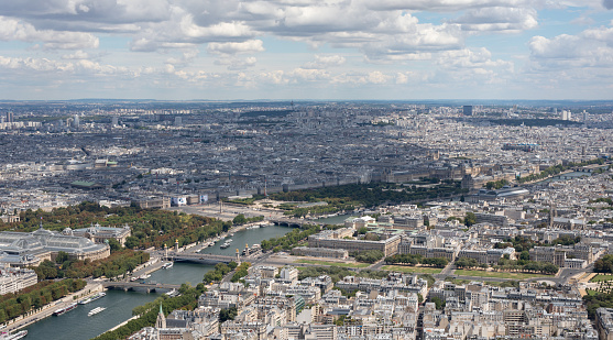 The panoramic Seine River view from Eiffel Tower in Paris, France