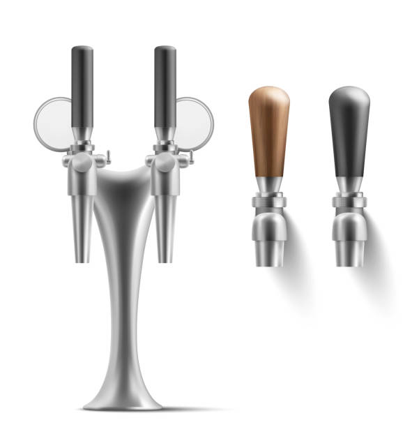 Set of beer taps isolated on white background Set of beer taps isolated on white background. Realistic vector illustration of bar or pub equipment. Steel valves for releasing alcoholic beverages with wooden and plastic handles, space for branding draft beer white background stock illustrations