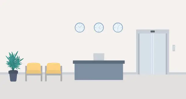 Vector illustration of Empty Waiting Room In The Hospital Or In The Office With Reception Desk, Armchairs And Elevator