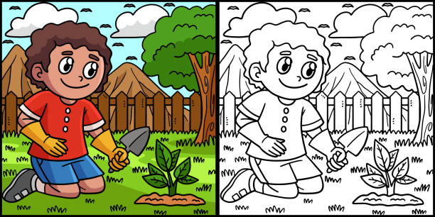 Earth Day Boy Planting Coloring Page Illustration This coloring page shows a Earth Day Boy Planting. One side of this illustration is colored and serves as an inspiration for children. earth day coloring stock illustrations