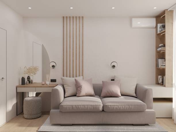 istock Small Narrow modern Bedroom interior Design pastel pink color 1465832893