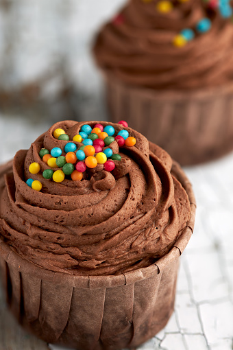 A vertical closeup shot of a chocolate cupcake with colorful candies.