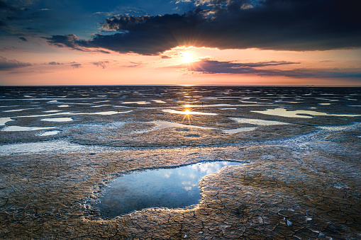 A shot of a sea coast spangled by stone with sunrise reflecting on the wet sand in the Netherlands