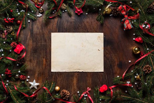 istock Christmas background with white paper framed with season decorations 1465835397