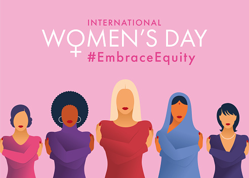 International women’s day concept poster. Embrace equity. 2023 women's day campaign Hashtag #EmbraceEquity. Female of different ethnicity poster. Stock illustration