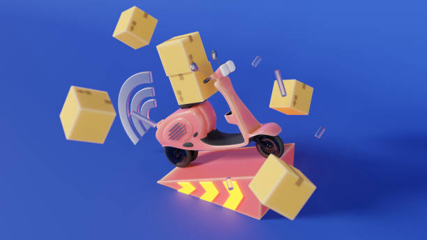 istock Red moped on a platform with boxes illustration on the theme of delivery 3d render 1465843765