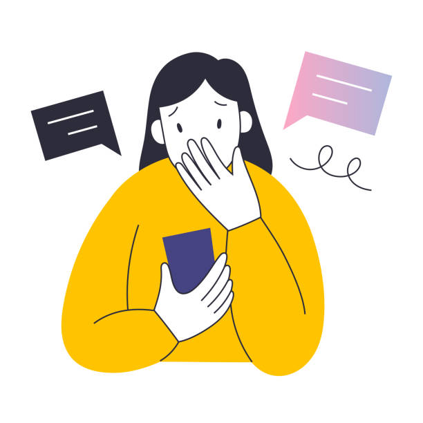 ilustrações de stock, clip art, desenhos animados e ícones de millennial female person reading bad shocking news in her social media feed, shocked, putting her hand on her face, vector illustration - young adult reading newspaper the media