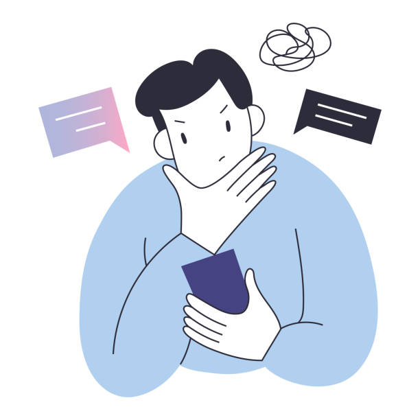 ilustrações de stock, clip art, desenhos animados e ícones de worried person reading bad news or social media post on his smartphone with puzzled face expression, touching his chin, vector illustration - young adult reading newspaper the media