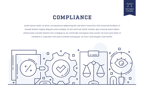Web Banner Concept of Compliance. Thin Line Illustration with a title and text above. Monochrome editable stroke vector illustration.