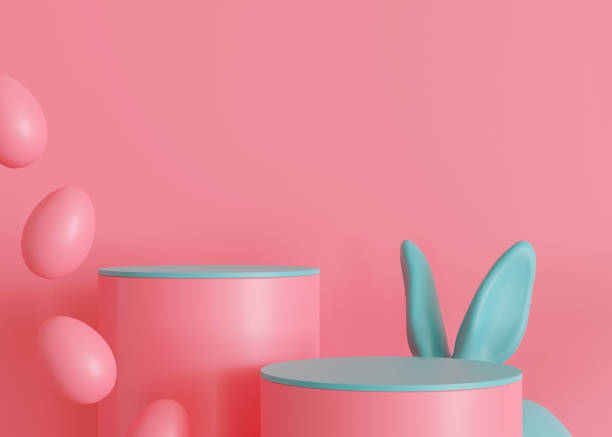 istock Two pink and blue podiums with Easter eggs, rabbit ears and copy space. Stage for product, cosmetic presentation. Vivid Easter mock up. Pedestal, platform. Empty scene. Display, showcase. 3D render. 1465847147