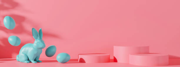 istock Three pink podiums with Easter eggs, rabbit and copy space. Vibrant stage for product, cosmetic presentation. Vivid Easter mock up. Pedestal, platform. Empty scene. Display, showcase. 3D render. 1465847149