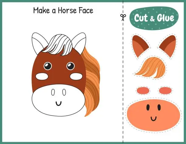 Vector illustration of Make a horse face funny game for kids. Cut and glue educational activity page