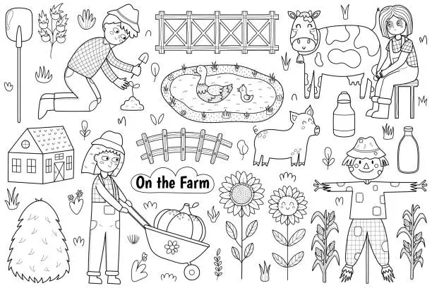 Vector illustration of Black and white set with cute farm animals and kids farmers. Coloring page