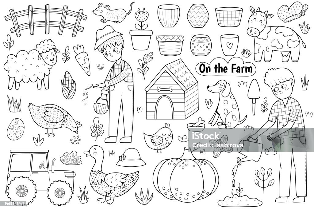 Black And White On The Farm Set With Cute Animals And Kids Farmers