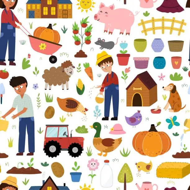 Vector illustration of Doodle farm seamless pattern with cute characters in cartoon style. Kids farmers with domestic animals