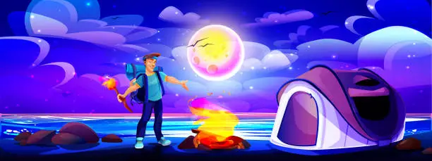 Vector illustration of Camping and tourism concept in cartoon style. Night summer landscape with a tourist and a fire against the background of the river and the starry sky with the moon.