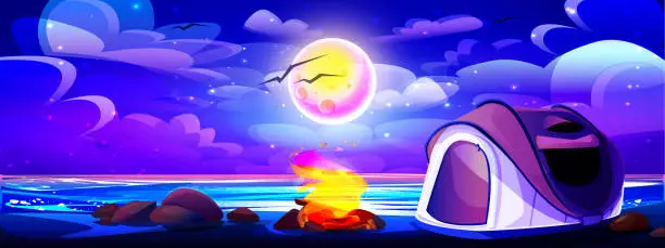 Vector illustration of Camping and tourism concept in cartoon style. Night summer landscape with a campfire and a tourist tent against the backdrop of a river and a starry sky with the moon.