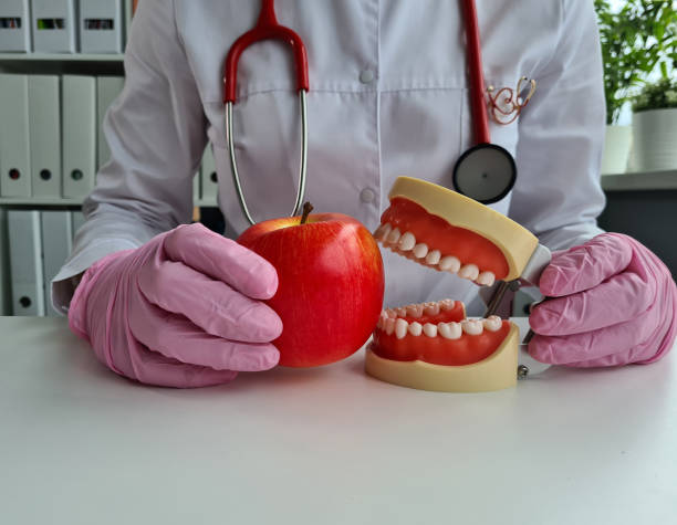 istock Dentist doctor holds artificial jaw and apple closeup 1465855131
