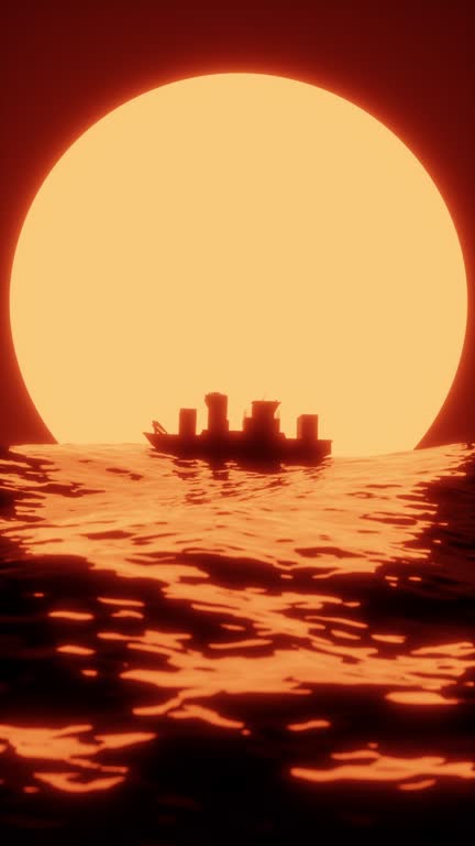 Vertical seamless animation concept of vessel against huge orange sun in sea