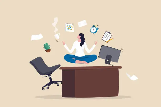 Vector illustration of Employee wellbeing, being comfortable to work, project management or relax workplace, balance or productivity concept, office woman mindfulness meditating on working desk levitate working stuff.