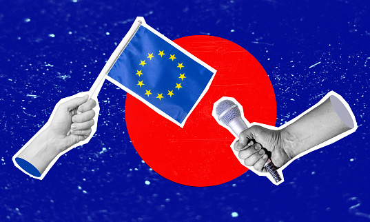 The art of collage, a collage of a hand holding a European Union flag, a microphone in the other hand.