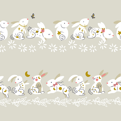 Animated Border Rabbit Cute Cosmic Rabbits Vector Seamless Horizontal Borders Set Stock ...