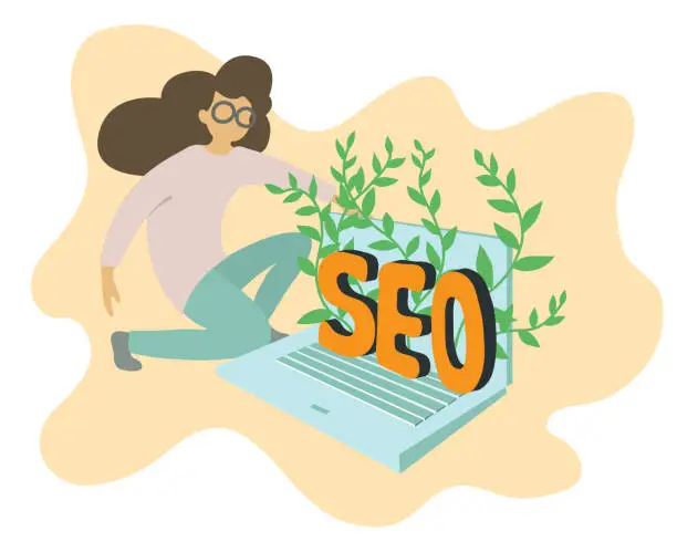 Vector illustration of Vector flat illustration on the theme of SEO. Cartoon style girl sitting in front of an open laptop from which plants bloom and volumetric bright orange letters SEO