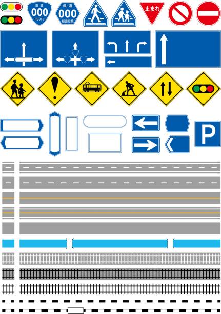 ilustrações, clipart, desenhos animados e ícones de vários sinais de trânsito e ferrovias, estradas, molduras de rios e conjuntos de linhas governadas que também podem ser usados para a criação de mapas / material de ilustração (ilustração vetorial) - one way street sign