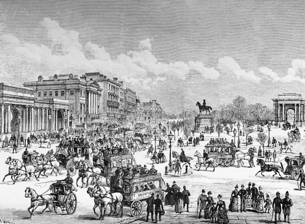 istock Traffic and pedestrians on a market square in a city 1465876315