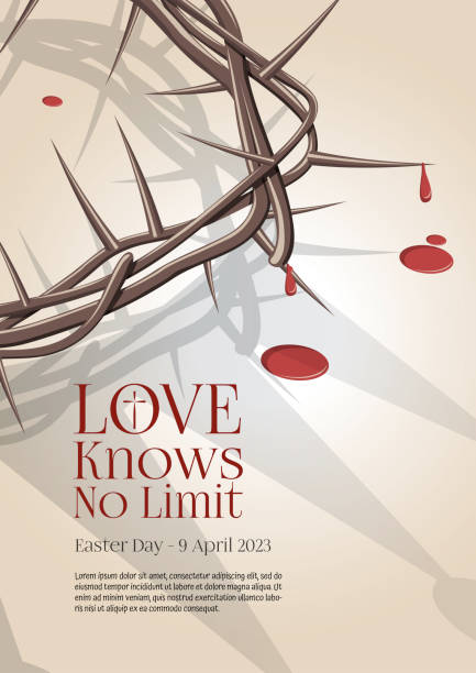 Easter day banner with crown of thorns Vector Easter day banner with words love knows no limit, Celebrate the resurrection, with a crown of thorns and blood thorn wreath stock illustrations