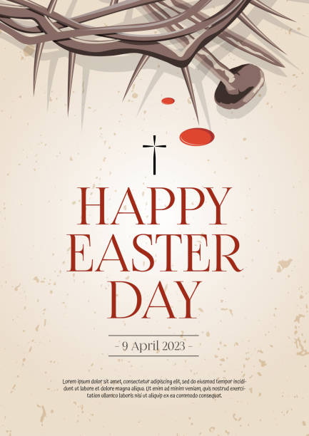 Happy easter day banner with crown of thorns Happy Easter day banner to celebrate the resurrection, with a crown of thorns and blood thorn wreath stock illustrations